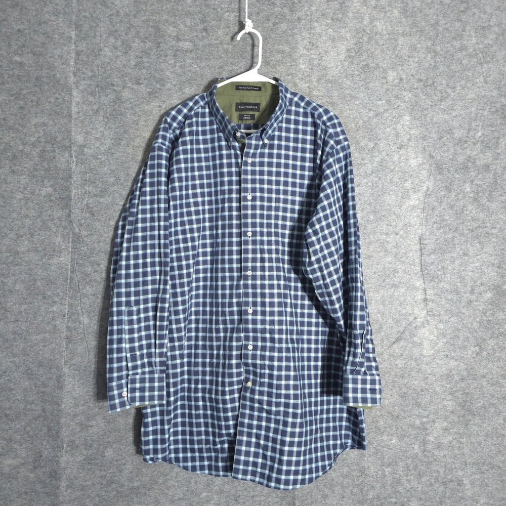 Paul Fredrick Button Down Shirt Mens 18.5 x 34 Blue Check Non-Iron Classic Fit